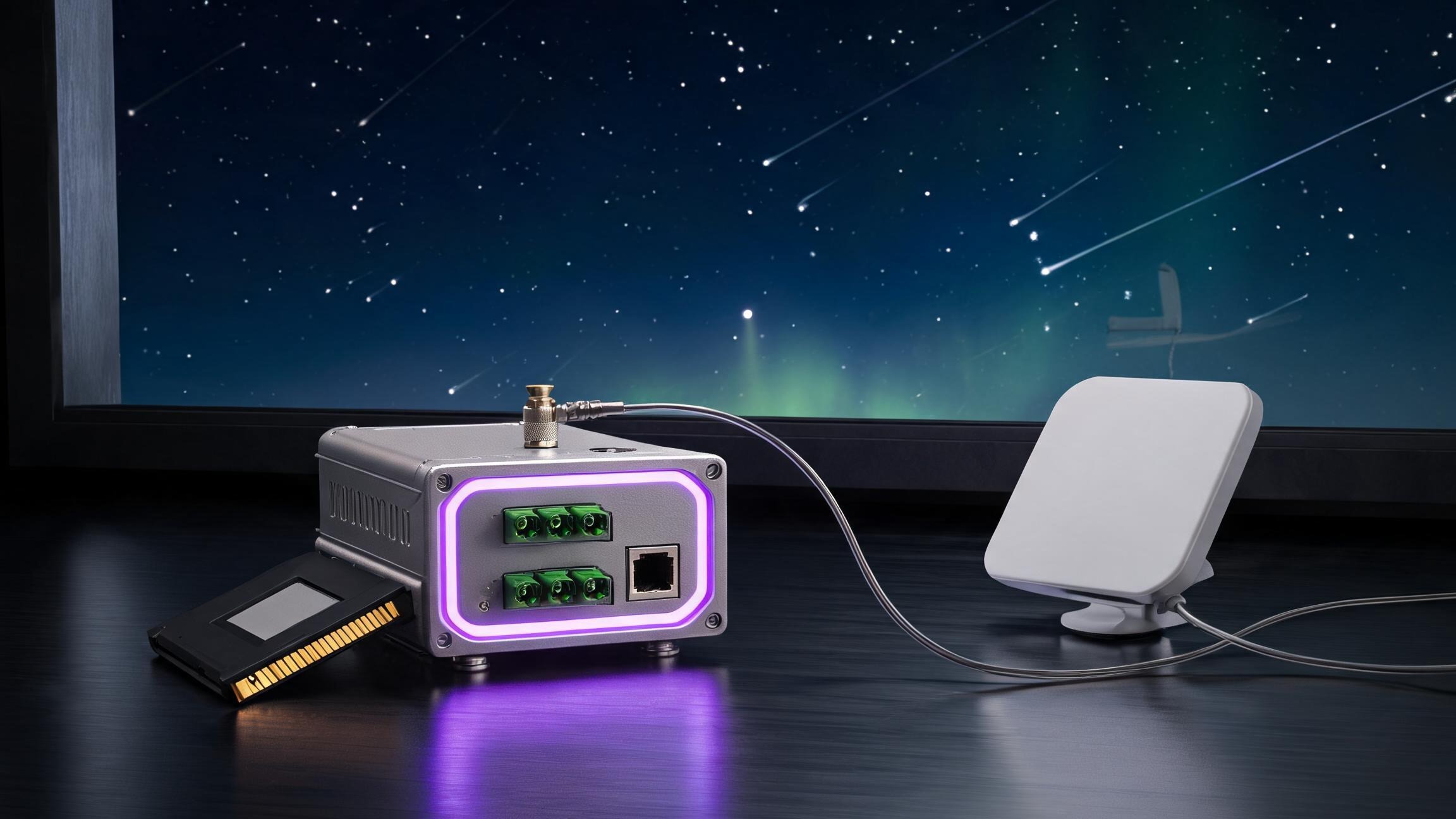Grok Deck satellite-backhaul edition — neutral-silver industrial gateway with purple status ring, satellite antenna and floppy-form encrypted cartridge under a night sky with satellite constellation