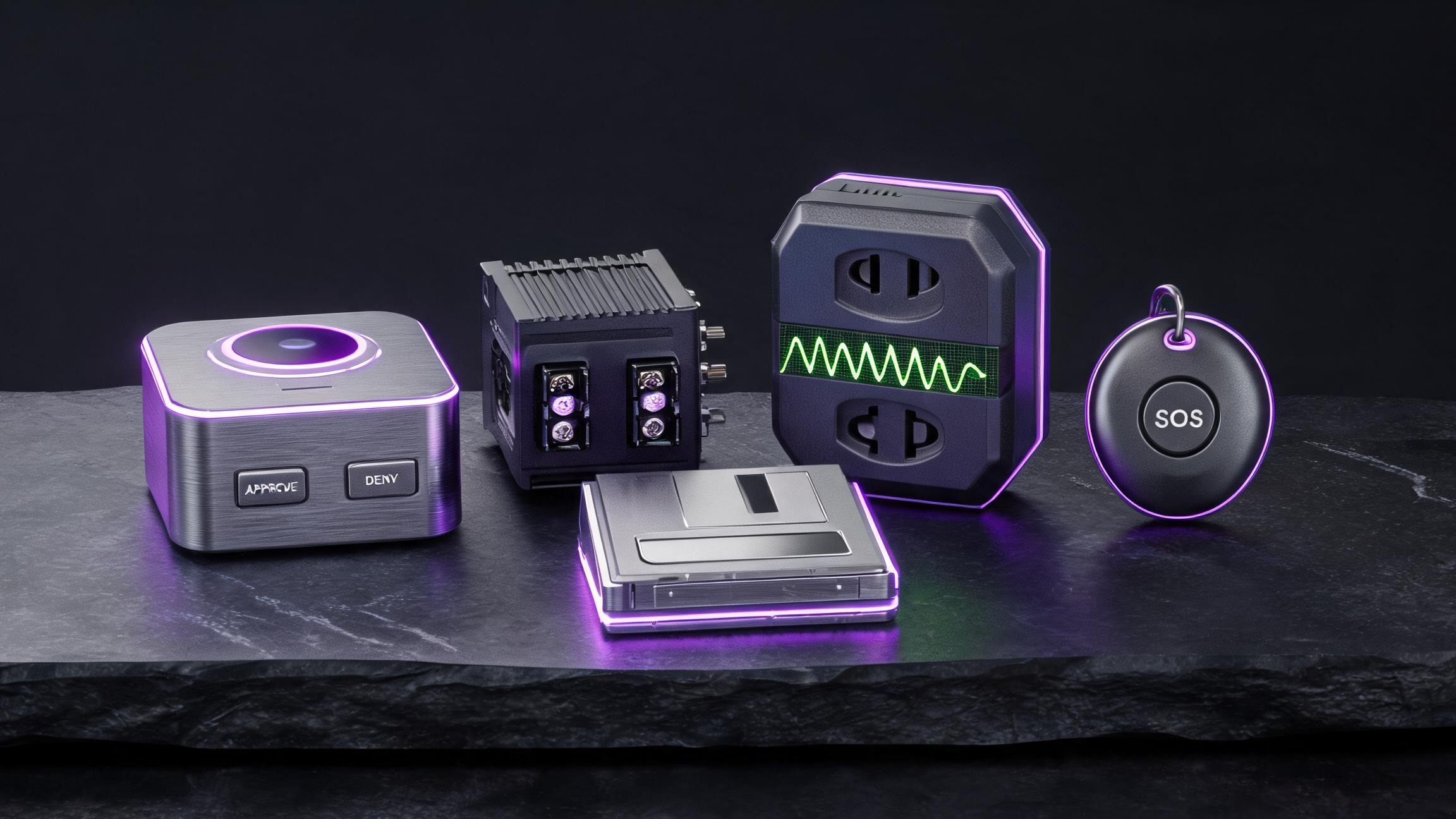 Grok Deck family lineup — desk console, DIN-rail industrial gateway, socket edition, home hub and guardian pendant with the floppy-form encrypted cartridge
